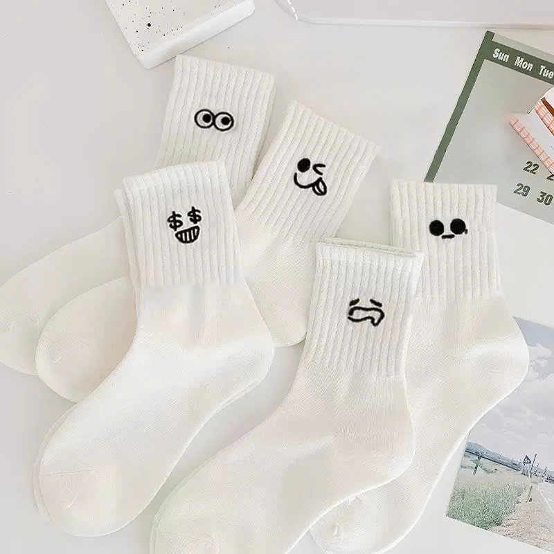 Lố 10 Đôi tất trắng cổ cao in hình icon cảm xúc biểu cảm dễ thương dài 30cm chất cotton co giãn thoáng khí nam nữ