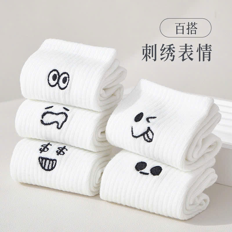 Lố 10 Đôi tất trắng cổ cao in hình icon cảm xúc biểu cảm dễ thương dài 30cm chất cotton co giãn thoáng khí nam nữ