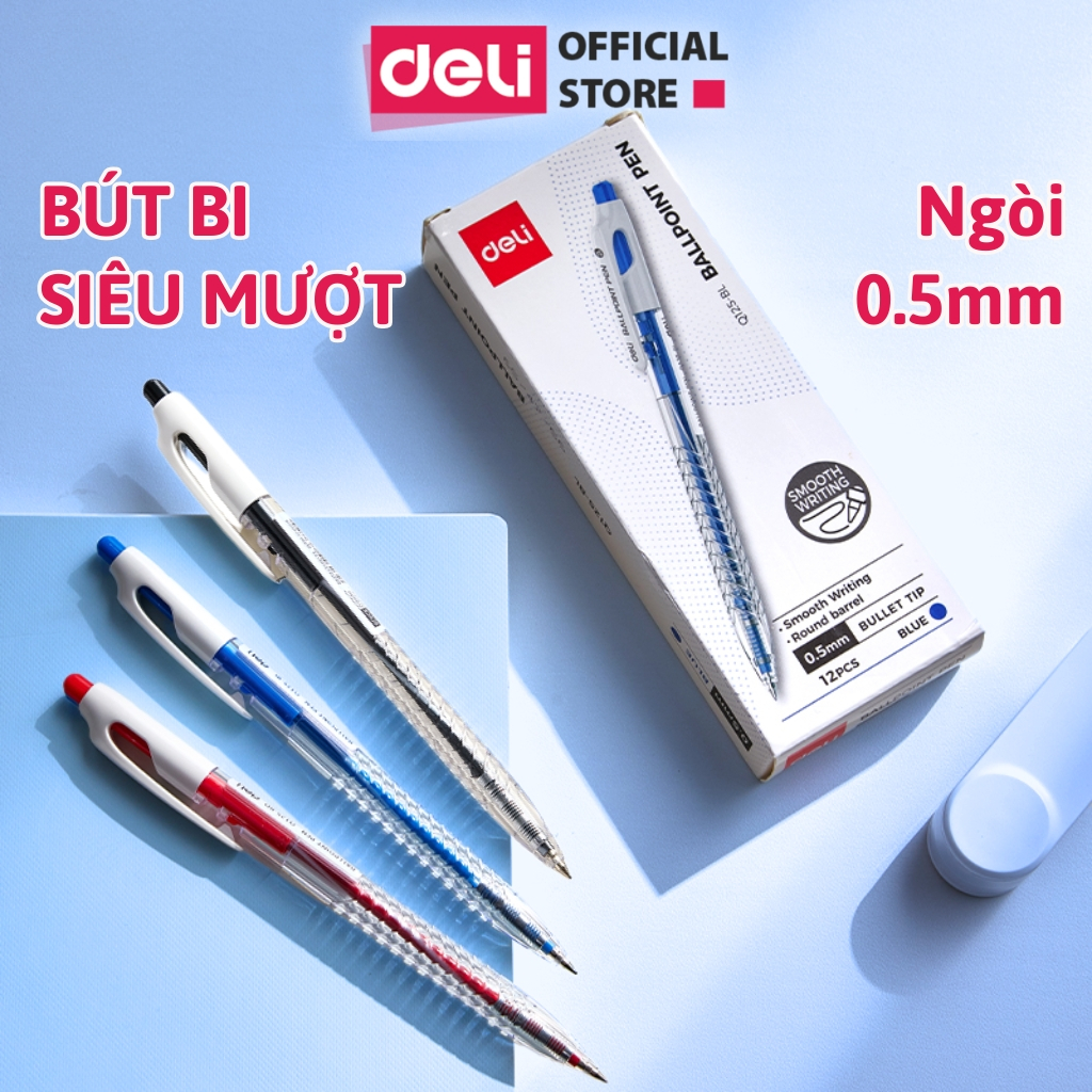 Combo 5/12/20 Bút Bi Deli Ngòi 0.5mm Cao Cấp, Nét Thanh Mảnh, Viết Siêu Mượt Không Tắc Trẻ Trung Hiện Đại