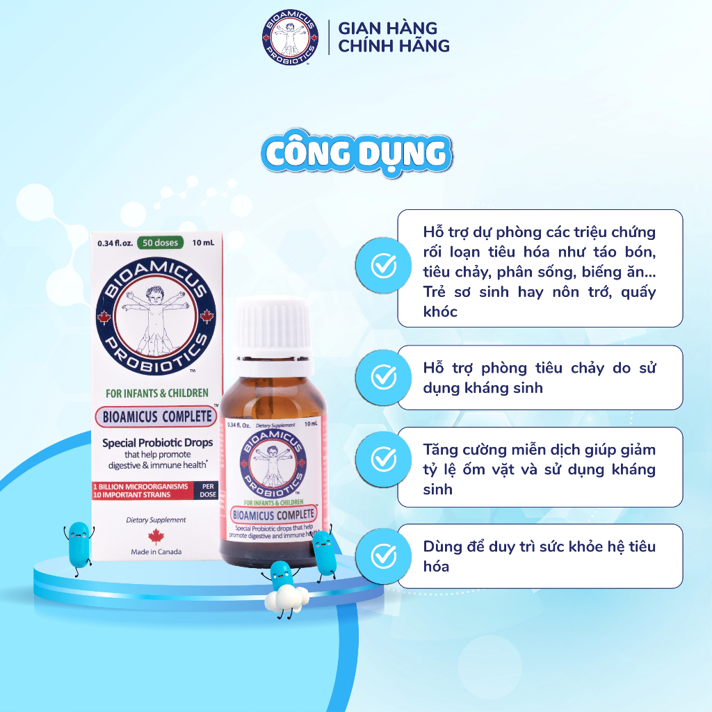 BioAmicus Complete 10 Chủng hỗ trợ cải thiện hệ vi sinh đường ruột - Men Vi Sinh Cho Bé chai 10ml+ quà
