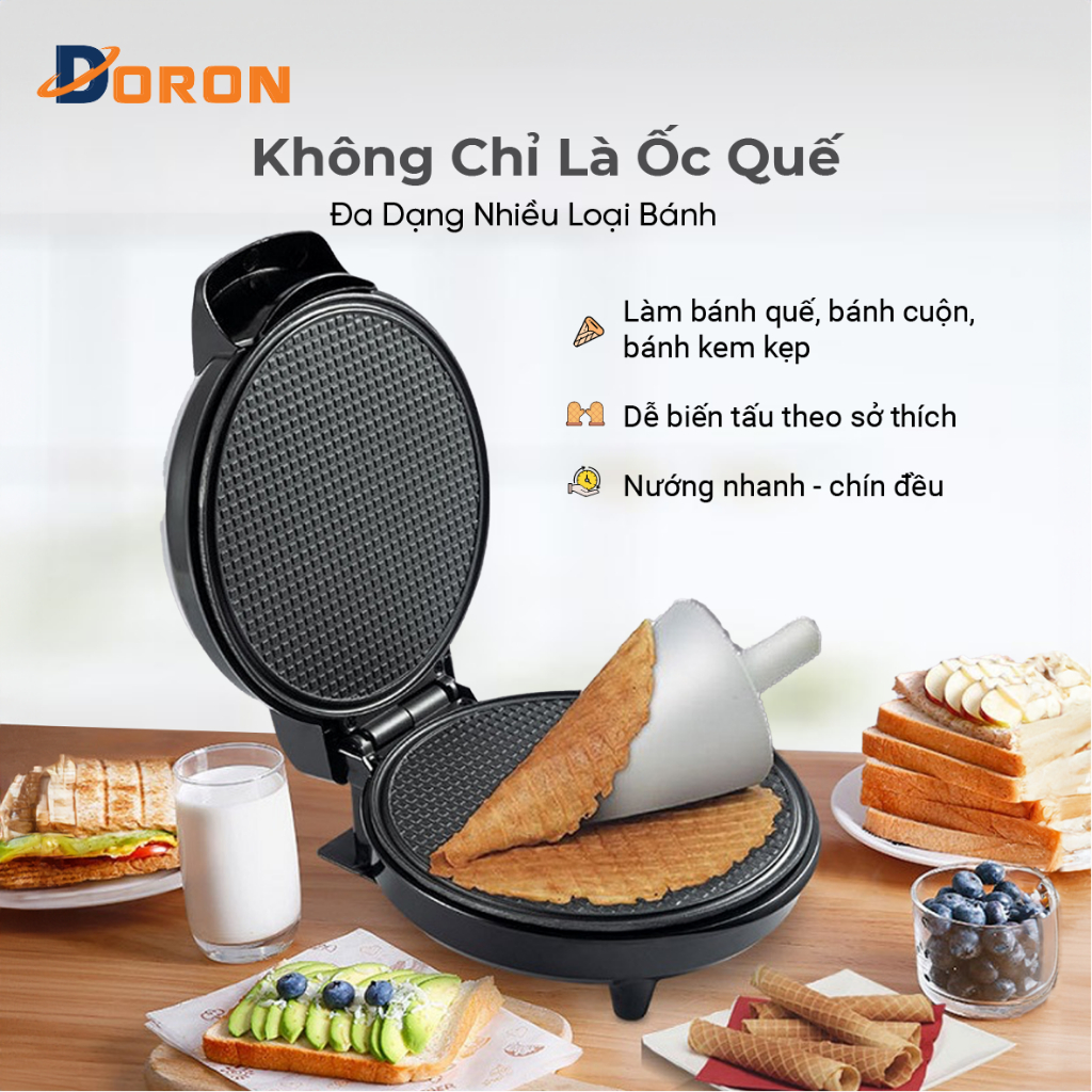 Máy làm vỏ ốc quế DORON 1000W làm nóng đều 2 mặt, bánh thơm ngon