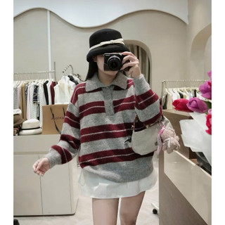 LT - Áo len thu đông dài tay cổ bẻ kẻ ngang, len lông dày ấm free size style Hàn Quốc 1462