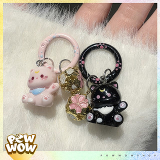 Móc Khóa Mèo Béo Cat Fat Kèm Chuông Họa Tiết Hoa Sakura Và Khoen Tròn In Hình Chân Mèo Decor Balo Túi Xách Cute