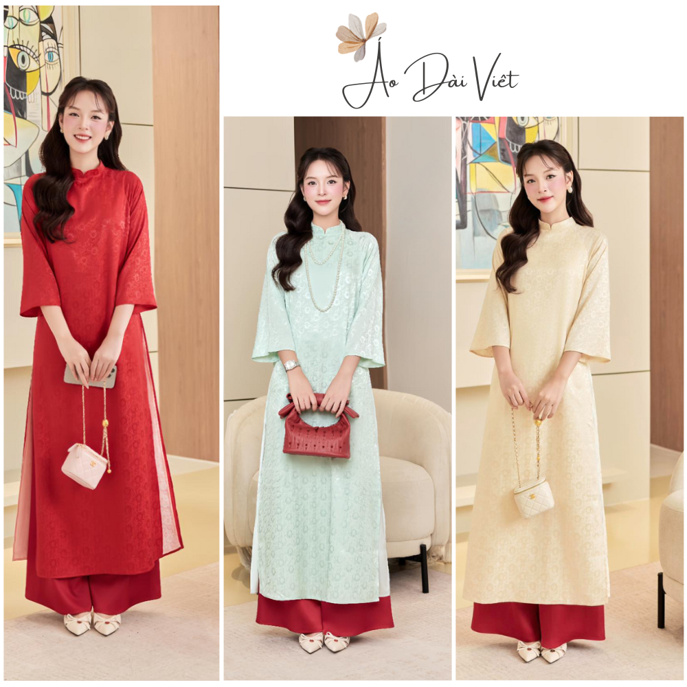 Áo Dài Cách Tân CÚC HỌA MI Dáng Suông Vải Gấm , Áo Dài may 4 tà tay Loe