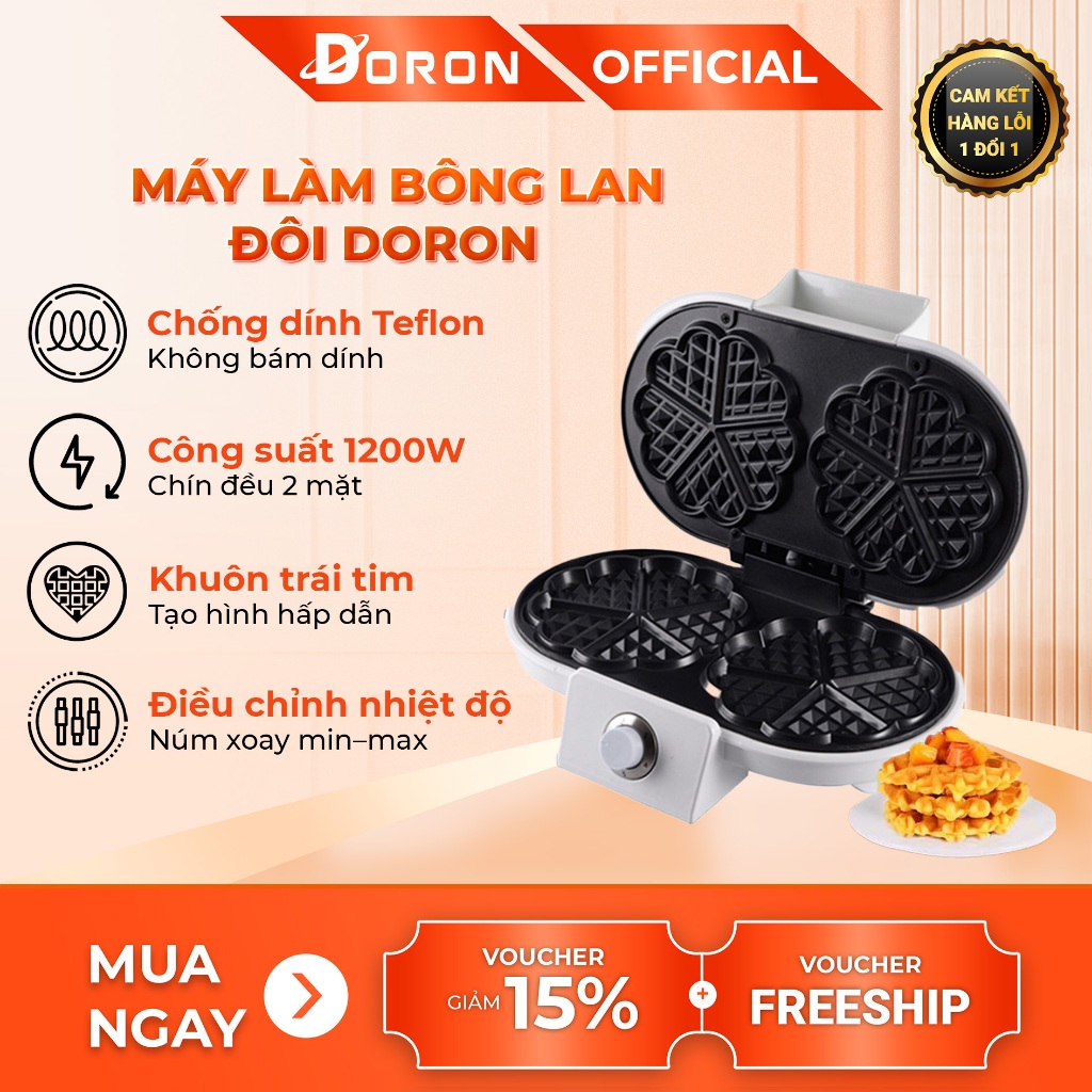 Máy nướng bánh bông lan, waffle DORON 1200W gia nhiệt kép, chống dính telfon siêu bền