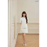 Set Nữ Thiết Kế YAME Màu Kem Áo Cổ Đính Hạt Tay Ngắn Phối Túi Giả Chân Váy Ngắn Thanh Lịch Éclat YS799 — ảnh 4