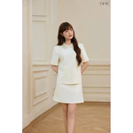 Set Nữ Thiết Kế YAME Màu Kem Áo Cổ Đính Hạt Tay Ngắn Phối Túi Giả Chân Váy Ngắn Thanh Lịch Éclat YS799 — ảnh 3