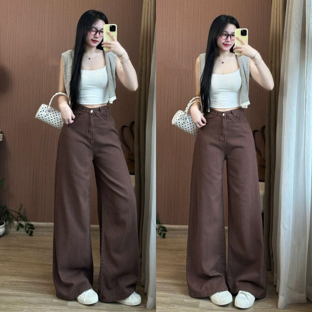 Quần Jean Nâu Ống Loe Nhẹ Dày Dặn Cạp Cao Tôn Dáng – Phong Cách Hàn Quốc