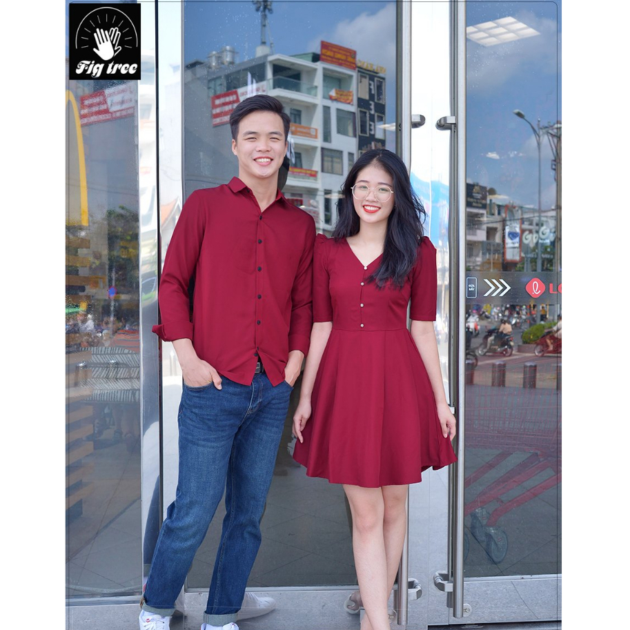 Sơ Mi Váy Đôi Fig Tree Màu Đỏ Đô Nút Ngọc Cao Cấp Cho Couple đi tiệc, Đi Chơi, Chụp Hình Cưới