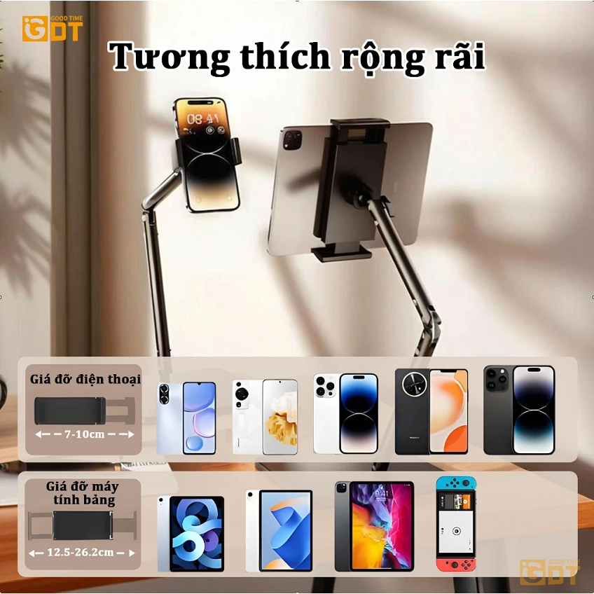 Giá đỡ ipad, điện thoại hợp kim nhôm mẫu xoay 4 chiều 360 độ đa năng, Đế đúc chắc chắn quay video, giải trí chống rung