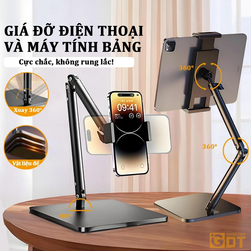 Giá đỡ ipad để bàn hợp kim nhôm phiên bản xoay 360° đa năng, Đế kẹp điện thoại đúc nguyên khối chắc chắn, gấp gọn