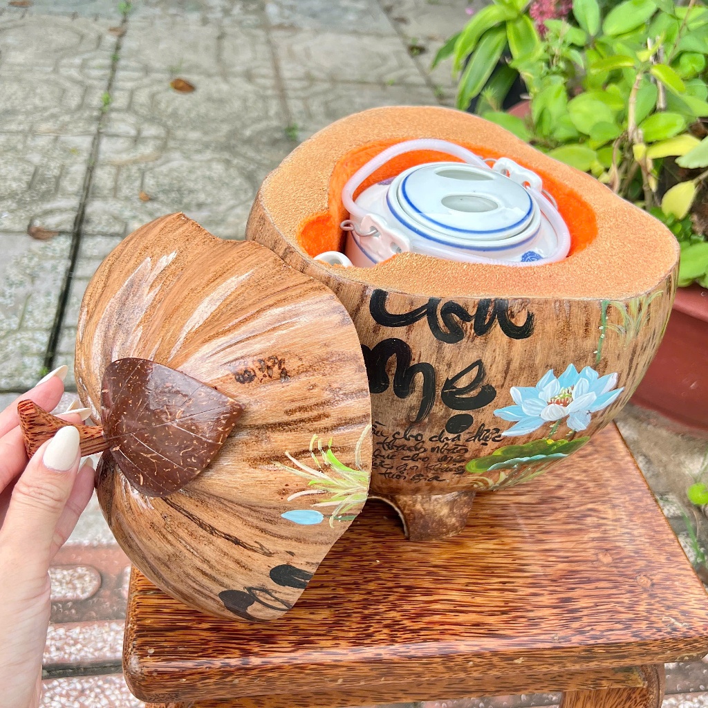 [ SIZE 800ML - 1000ML ] Bình Ủ Trái Dừa Vẽ Thư Pháp Mẫu CHA MẸ BÓNG Giữ Nhiệt Ấm Trà Cao Cấp, Trang Trí Bàn Trà Sang