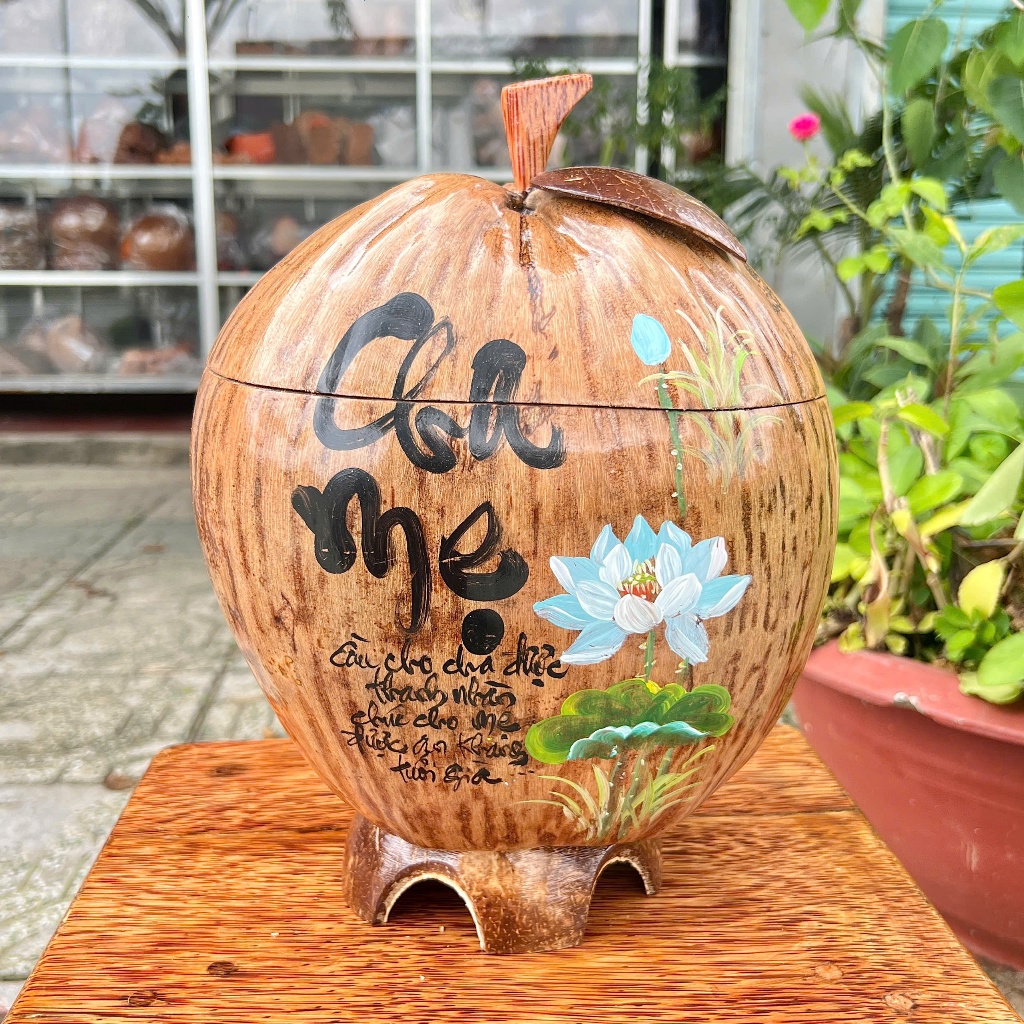 [ SIZE 800ML - 1000ML ] Bình Ủ Trái Dừa Vẽ Thư Pháp Mẫu CHA MẸ BÓNG Giữ Nhiệt Ấm Trà Cao Cấp, Trang Trí Bàn Trà Sang