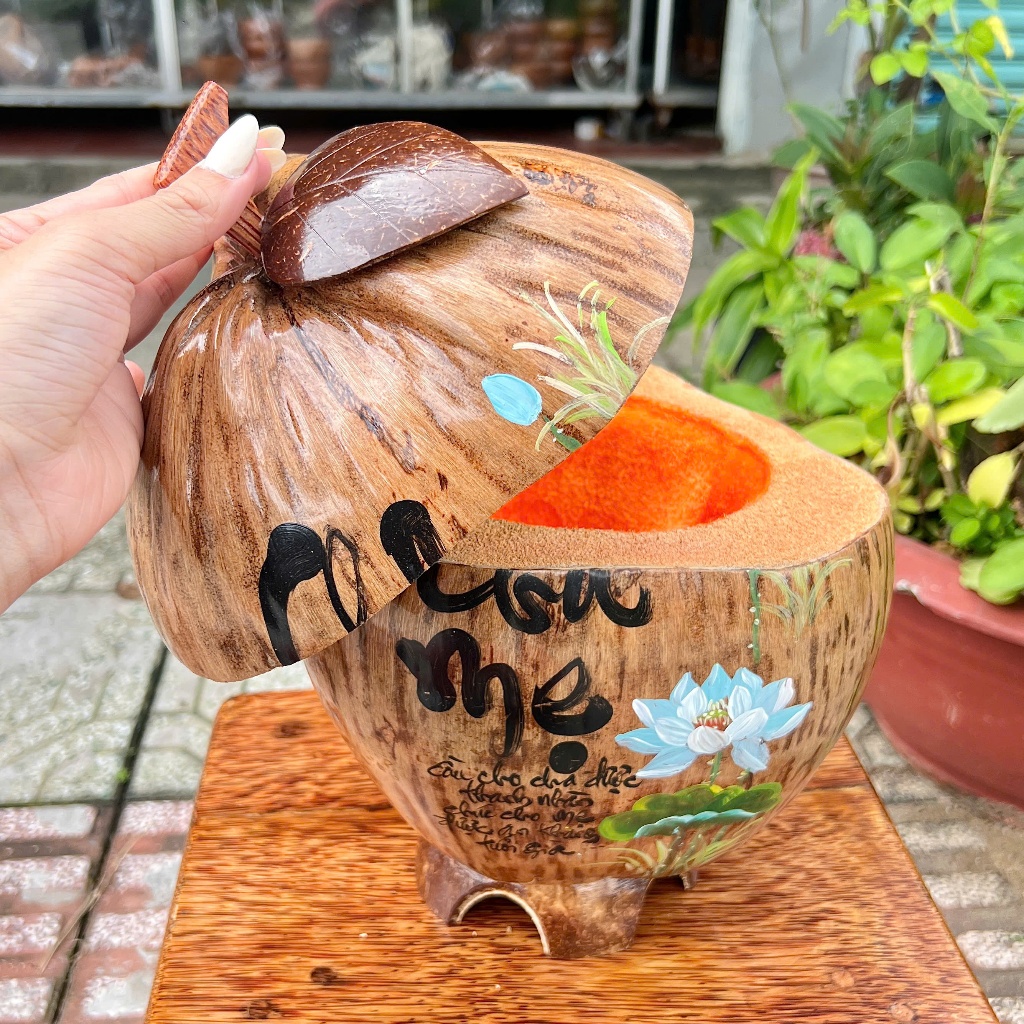 [ SIZE 800ML - 1000ML ] Bình Ủ Trái Dừa Vẽ Thư Pháp Mẫu CHA MẸ BÓNG Giữ Nhiệt Ấm Trà Cao Cấp, Trang Trí Bàn Trà Sang