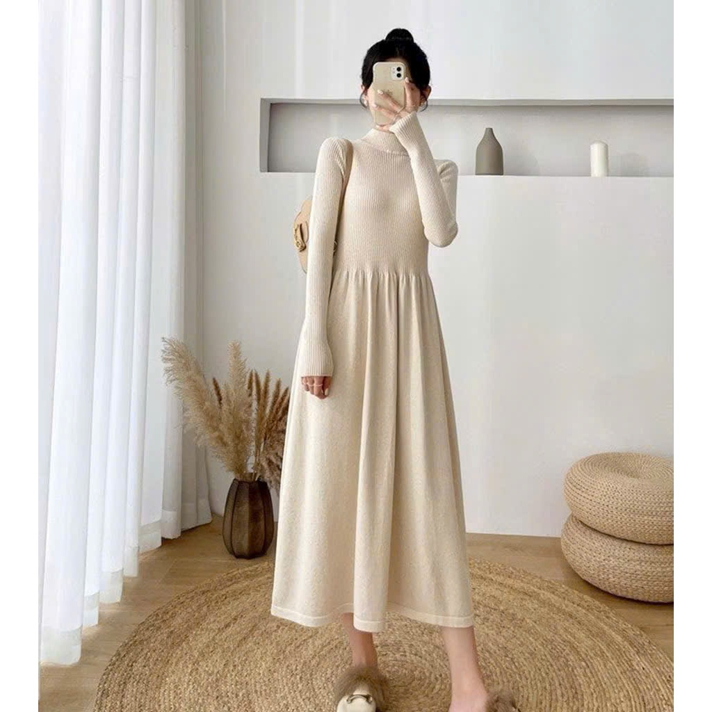 Váy maxi đen be dài tay cổ 3 phân ôm body trên xòe bồng dưới Đầm len nữ dáng dài basic cá tính thu đông T1444G