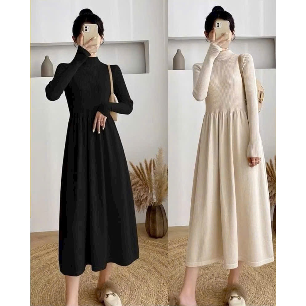 Váy maxi đen be dài tay cổ 3 phân ôm body trên xòe bồng dưới Đầm len nữ dáng dài basic cá tính thu đông T1444G
