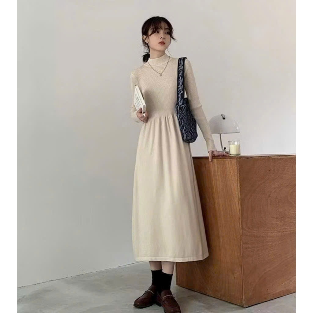Váy maxi đen be dài tay cổ 3 phân ôm body trên xòe bồng dưới Đầm len nữ dáng dài basic cá tính thu đông T1444G