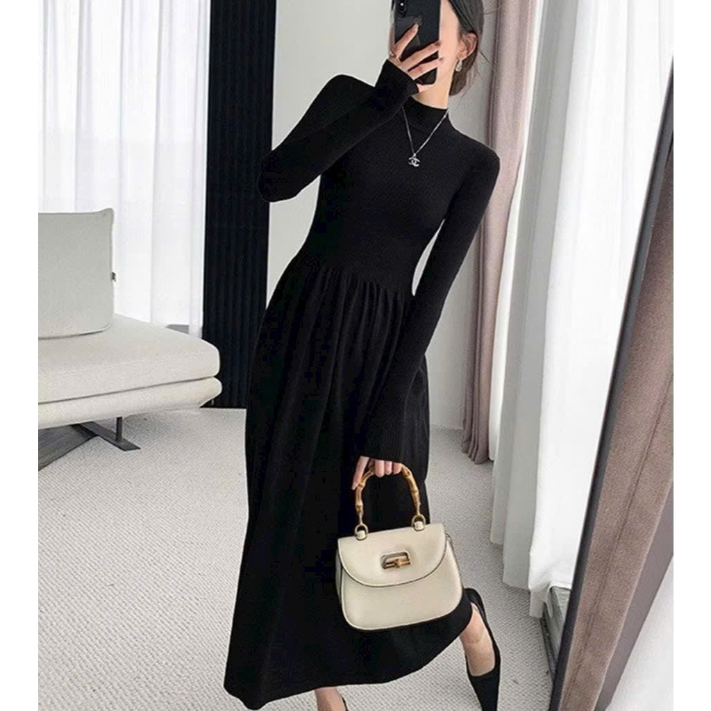 Váy maxi đen be dài tay cổ 3 phân ôm body trên xòe bồng dưới Đầm len nữ dáng dài basic cá tính thu đông T1444G