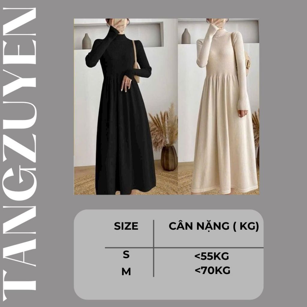 Váy maxi đen be dài tay cổ 3 phân ôm body trên xòe bồng dưới Đầm len nữ dáng dài basic cá tính thu đông T1444G