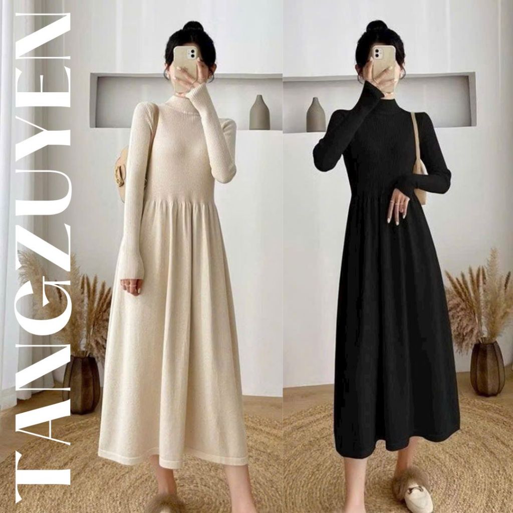 Váy maxi đen be dài tay cổ 3 phân ôm body trên xòe bồng dưới Đầm len nữ dáng dài basic cá tính thu đông T1444G