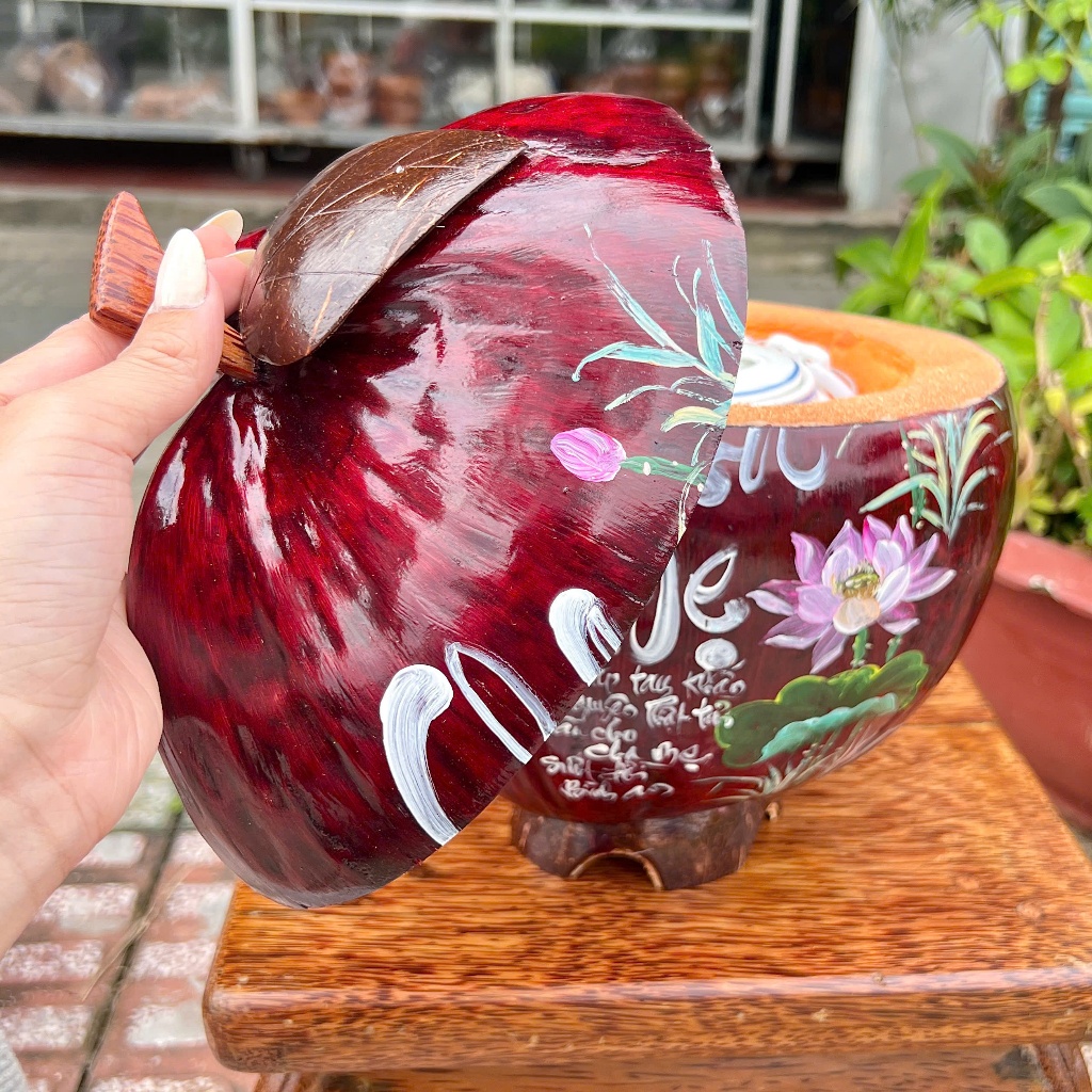[ SIZE 800ML - 1000ML ] Bình Ủ Trái Dừa Vẽ Thư Pháp CHA MẸ NHO HỒNG Giữ Nhiệt Ấm Trà Cao Cấp, Trang Trí Bàn Trà Sang