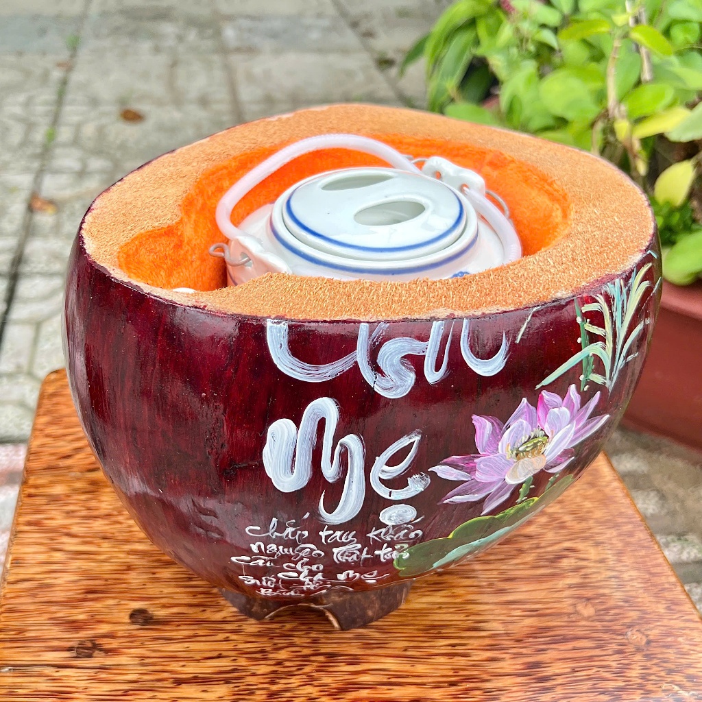 [ SIZE 800ML - 1000ML ] Bình Ủ Trái Dừa Vẽ Thư Pháp CHA MẸ NHO HỒNG Giữ Nhiệt Ấm Trà Cao Cấp, Trang Trí Bàn Trà Sang