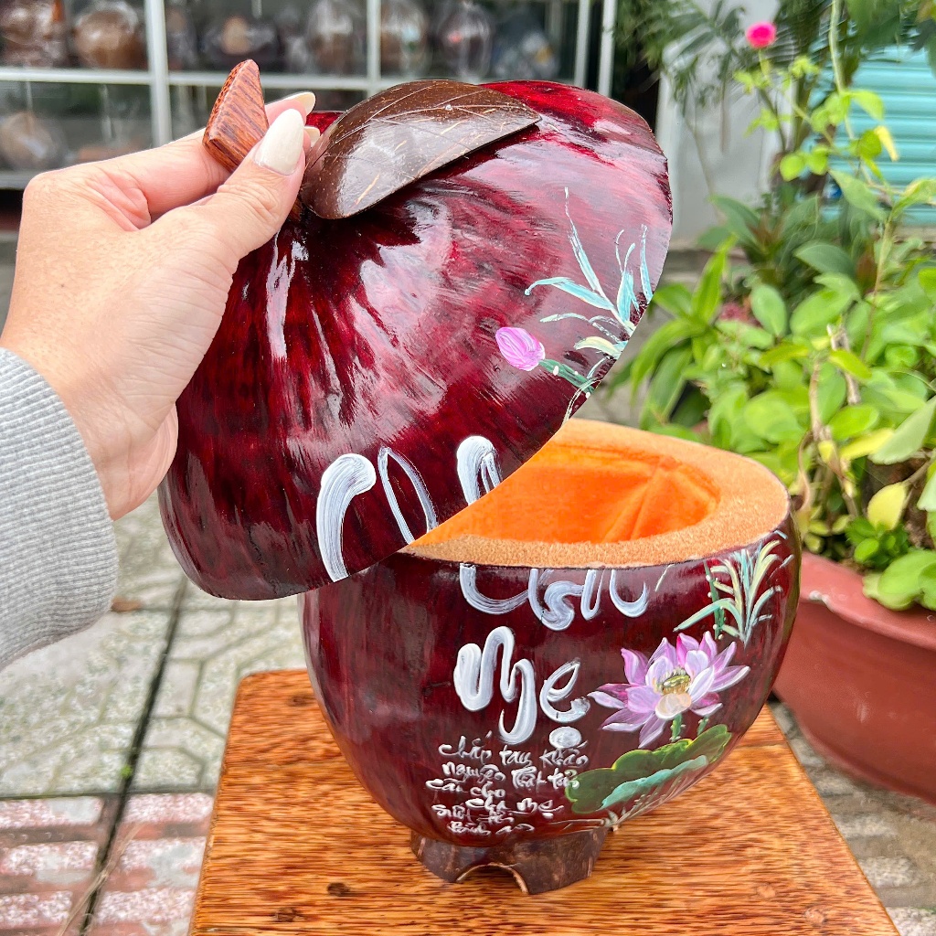 [ SIZE 800ML - 1000ML ] Bình Ủ Trái Dừa Vẽ Thư Pháp CHA MẸ NHO HỒNG Giữ Nhiệt Ấm Trà Cao Cấp, Trang Trí Bàn Trà Sang