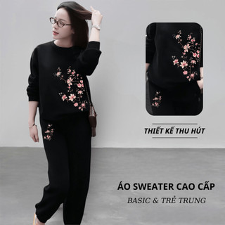 Set Bộ Nỉ Nữ Thu Đông CHEPOL Cổ Tròn, In Cành Hoa, Chất Nỉ Chân Cua Cao Cấp ( Áo Sweater Đen + Quần Dài Đen ) -CP_16726