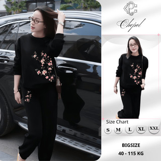 Set Bộ Nỉ Nữ Thu Đông CHEPOL Cổ Tròn, In Cành Hoa, Chất Nỉ Chân Cua Cao Cấp ( Áo Sweater Đen + Quần Dài Đen ) -CP_16726