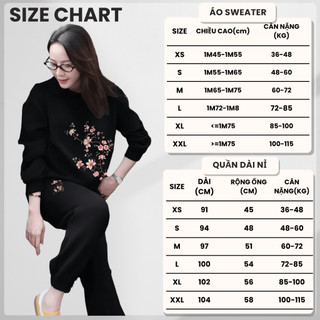 Set Bộ Nỉ Nữ Thu Đông CHEPOL Cổ Tròn, In Cành Hoa, Chất Nỉ Chân Cua Cao Cấp ( Áo Sweater Đen + Quần Dài Đen ) -CP_16726