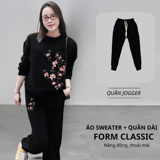 Set Bộ Nỉ Nữ Thu Đông CHEPOL Cổ Tròn, In Cành Hoa, Chất Nỉ Chân Cua Cao Cấp ( Áo Sweater Đen + Quần Dài Đen ) -CP_16726