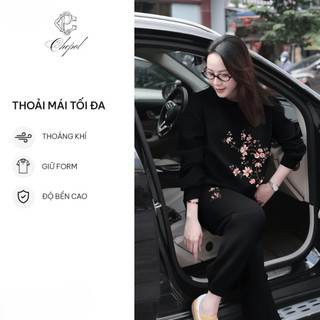 Set Bộ Nỉ Nữ Thu Đông CHEPOL Cổ Tròn, In Cành Hoa, Chất Nỉ Chân Cua Cao Cấp ( Áo Sweater Đen + Quần Dài Đen ) -CP_16726