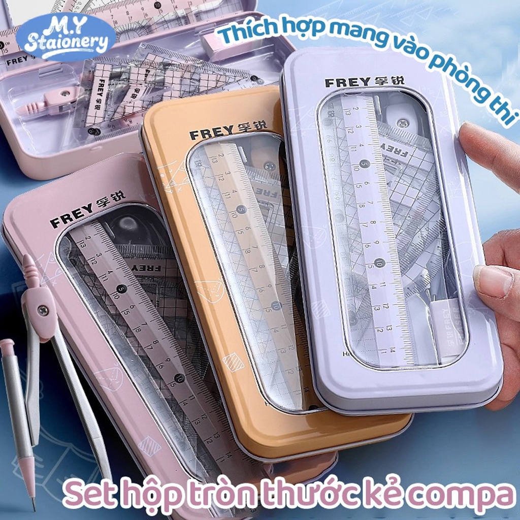 Bộ compa, eke, thước kẻ 7 món kèm tẩy M.Y hộp sắt