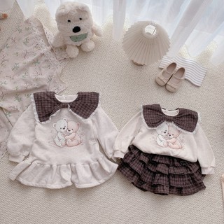 Quần áo trẻ em, Bộ nỉ mix chân váy xoè 4 tầng và váy nỉ thu đông bé gái cổ phối nơ dạ 9-26kg S2065/V714 Tiểu Yến KID