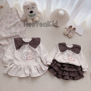Quần áo trẻ em, Bộ nỉ mix chân váy xoè 4 tầng và váy nỉ thu đông bé gái cổ phối nơ dạ 9-26kg S2065/V714 Tiểu Yến KID
