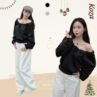 Áo Nỉ Trễ Vai Nữ Dây Rút Cổ Áo Tay Dài Form Rộng Phong Cách Hàn Quốc Mặc Được Nhiều Kiểu AOT026