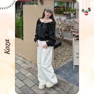 Áo Nỉ Trễ Vai Nữ Dây Rút Cổ Áo Tay Dài Form Rộng Phong Cách Hàn Quốc Mặc Được Nhiều Kiểu AOT026