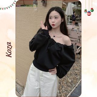 Áo Nỉ Trễ Vai Nữ Dây Rút Cổ Áo Tay Dài Form Rộng Phong Cách Hàn Quốc Mặc Được Nhiều Kiểu AOT026