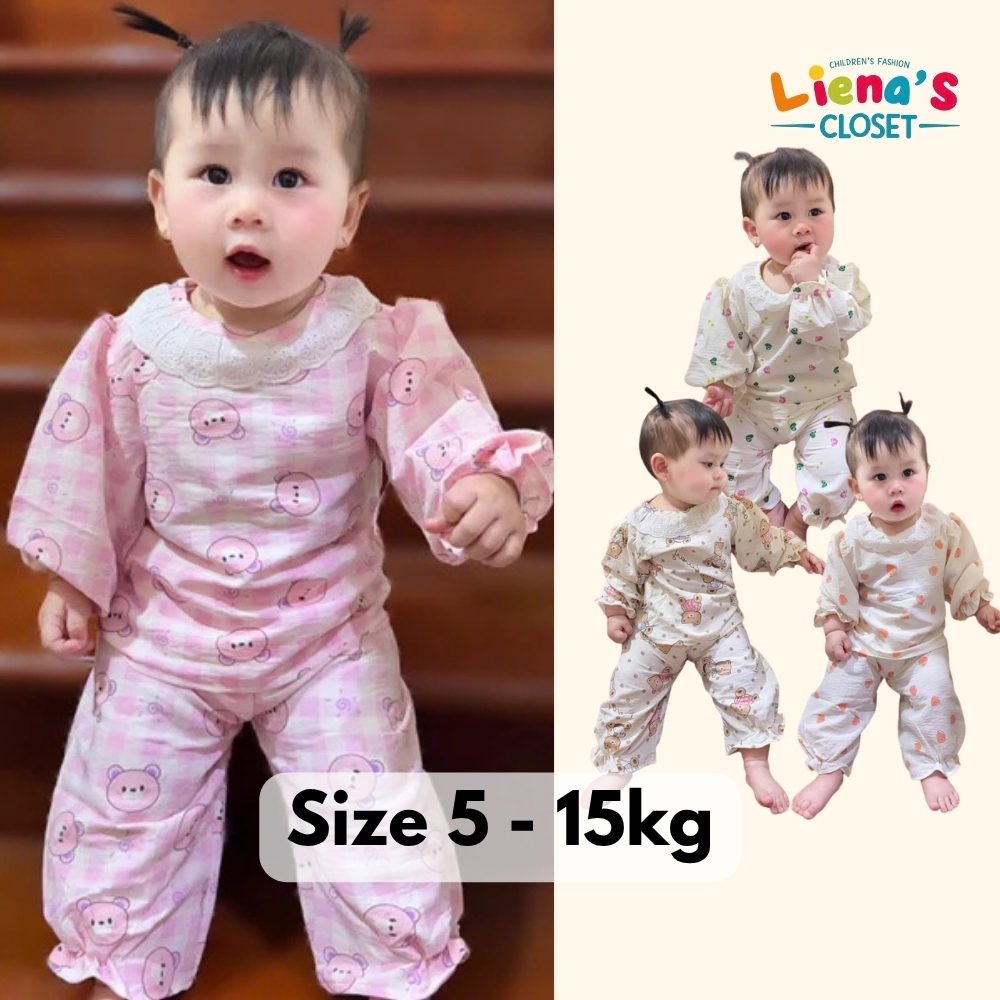 Bộ Dài Tay Thu Đông Cổ Tròn Phối Ren Điệu Đà Cho Bé Gái