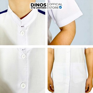 Áo Blouse Trắng Cầu Vai Xanh Dinos Tay Ngắn Thân Dài Cho Sinh Viên Thực Tập Y Khoa