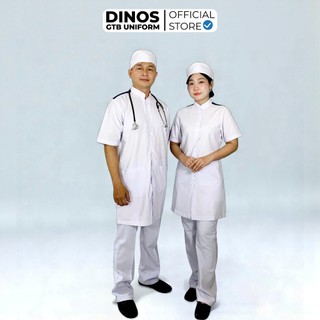 Áo Blouse Trắng Cầu Vai Xanh Dinos Tay Ngắn Thân Dài Cho Sinh Viên Thực Tập Y Khoa