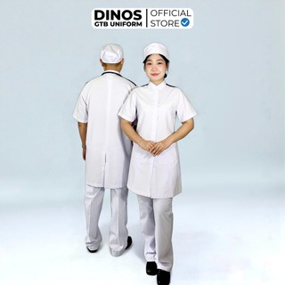 Áo Blouse Trắng Cầu Vai Xanh Dinos Tay Ngắn Thân Dài Cho Sinh Viên Thực Tập Y Khoa