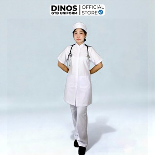 Áo Blouse Trắng Cầu Vai Xanh Dinos Tay Ngắn Thân Dài Cho Sinh Viên Thực Tập Y Khoa
