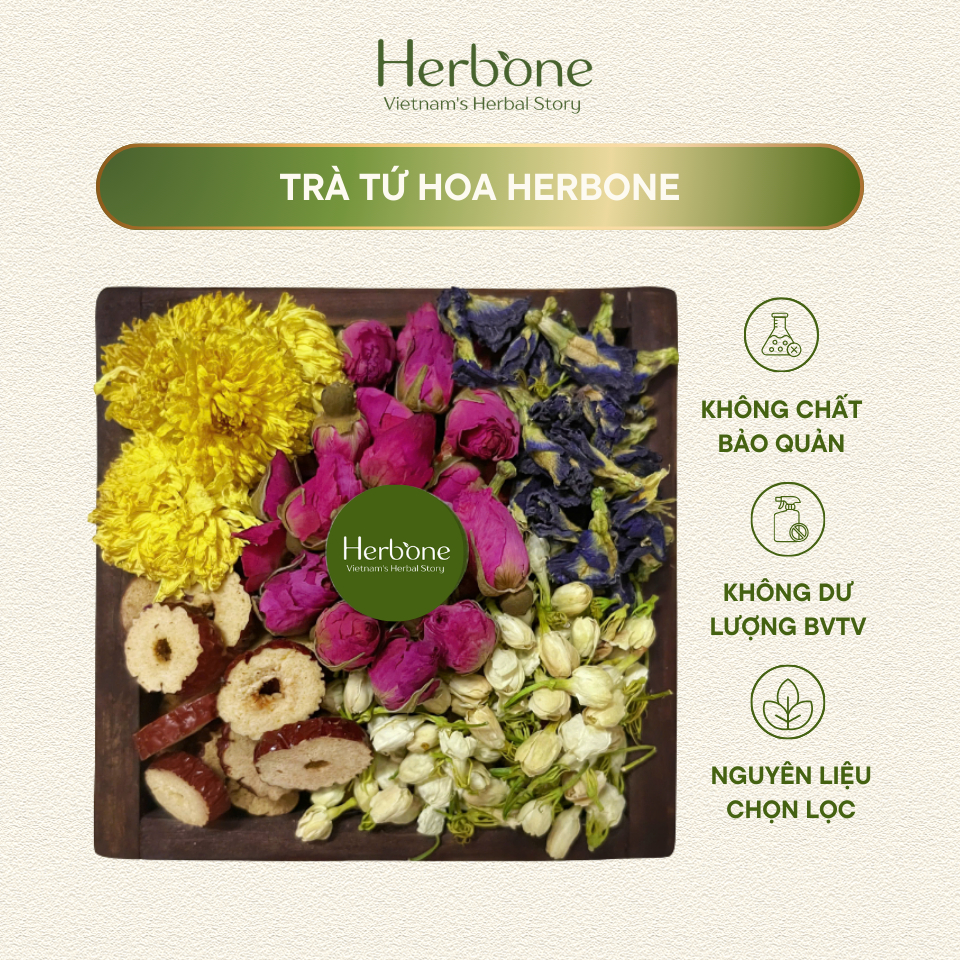 Trà Tứ Hoa HERBONE Nụ Hồng, Hoa Cúc, Hoa Đậu Biếc, Nụ Nhài Detox Cơ Thể Làm Đẹp Da Ngủ Ngon