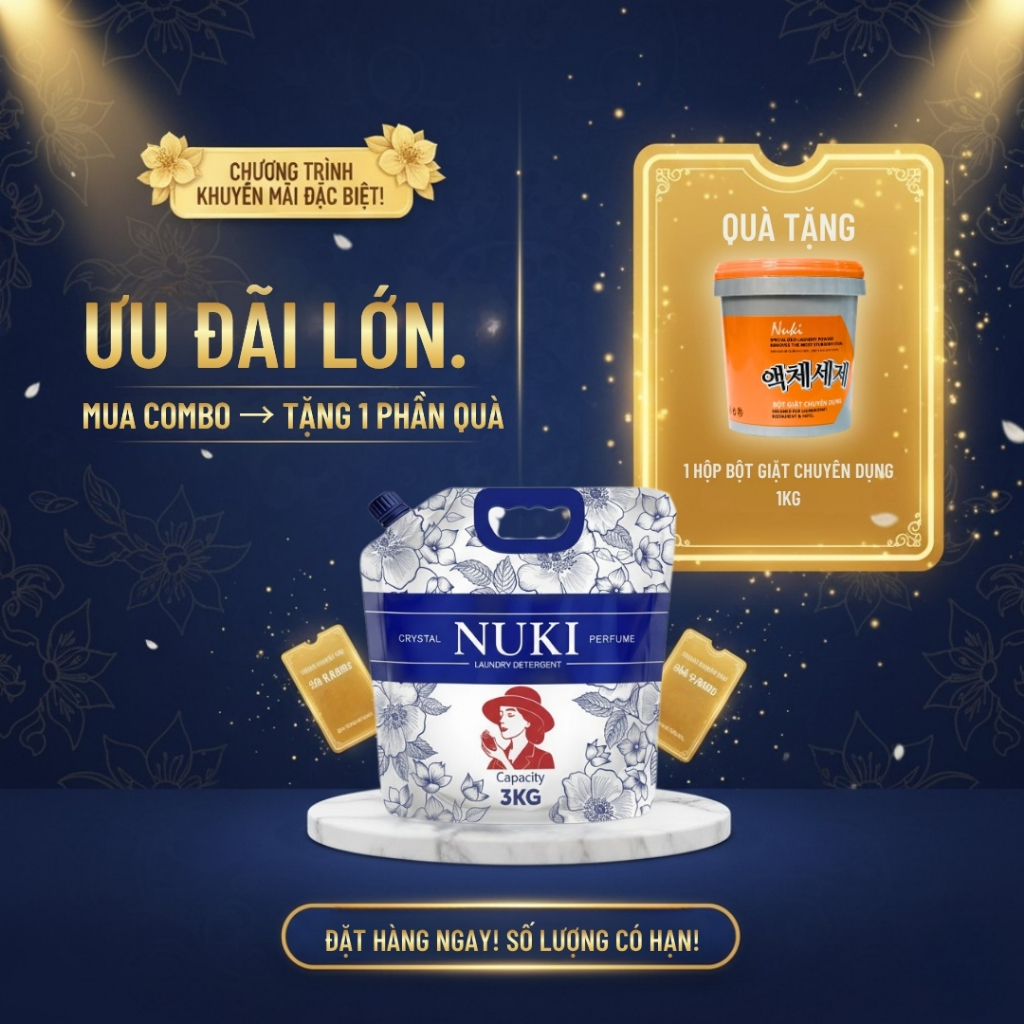Nước Giặt Xả NUKI 3kg COMBO 2 TÚI (6kg) + TẶNG 1KG Bột Giặt - Hương Nước Hoa Pháp Lưu 48H