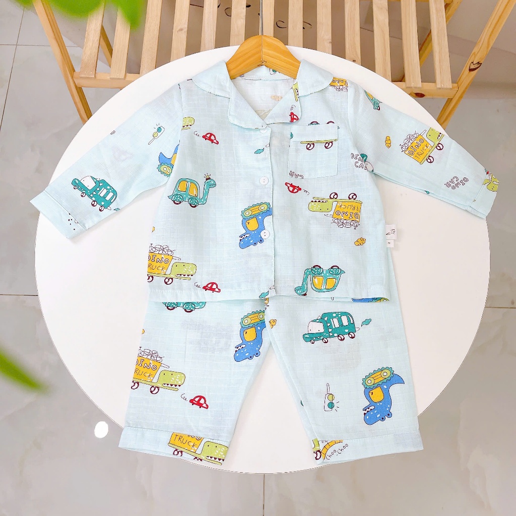 Pijama cho bé dài tay vải xô cotton Lá Homewear A396, bộ dài tay bé trai gái mặc ngủ mát