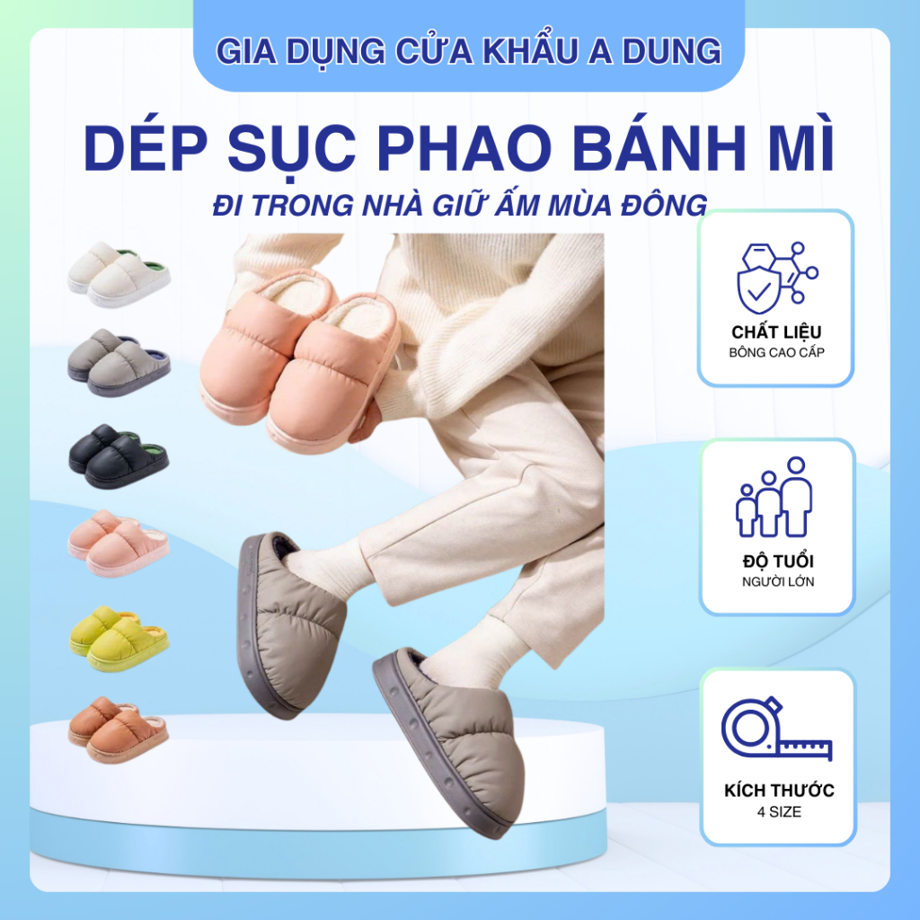 Dép Sục Bông Bánh Mỳ, Dép Sục Phao Siêu Nhẹ Chống Thấm Nước Giữ Ấm Mùa Đông