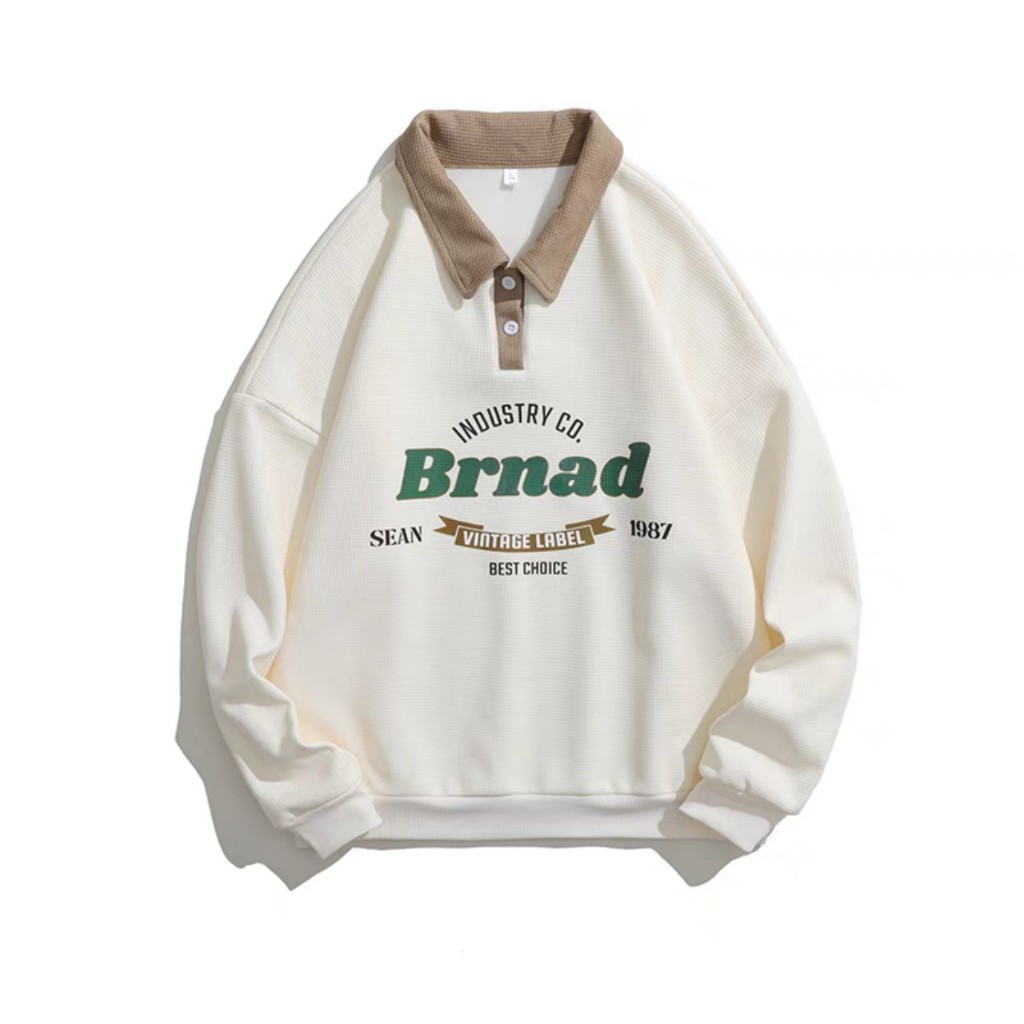 Áo polo sweater unisex phối logo nam nữ, hooide cổ bẻ dài tay fom rộng chất nỉ mềm và mát (BRAND) L1
