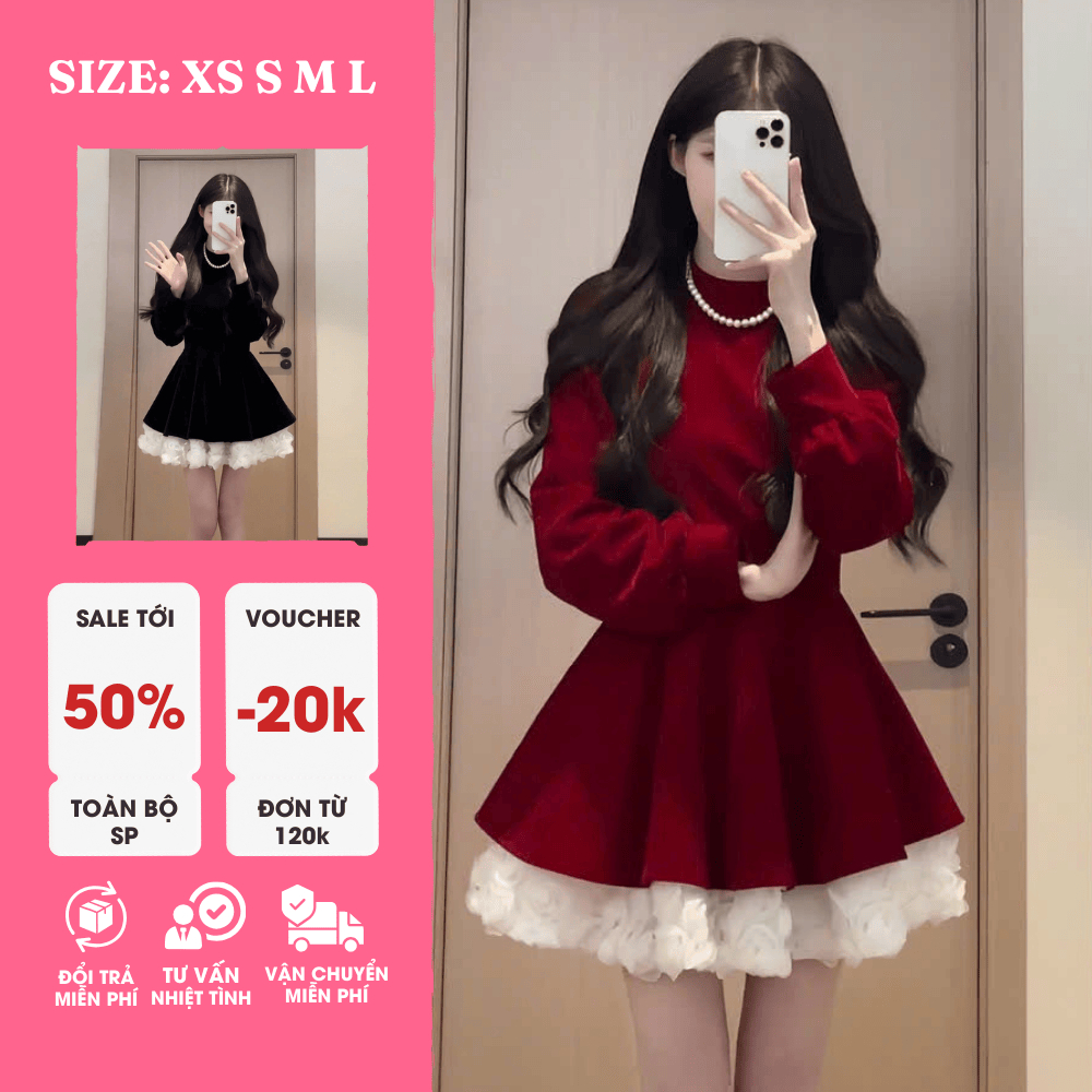 Đầm Nhung Công Chúa Phối Hoa 3D – Xoè Bồng, Sang Trọng, Ngọt Ngào (Có Size XS)