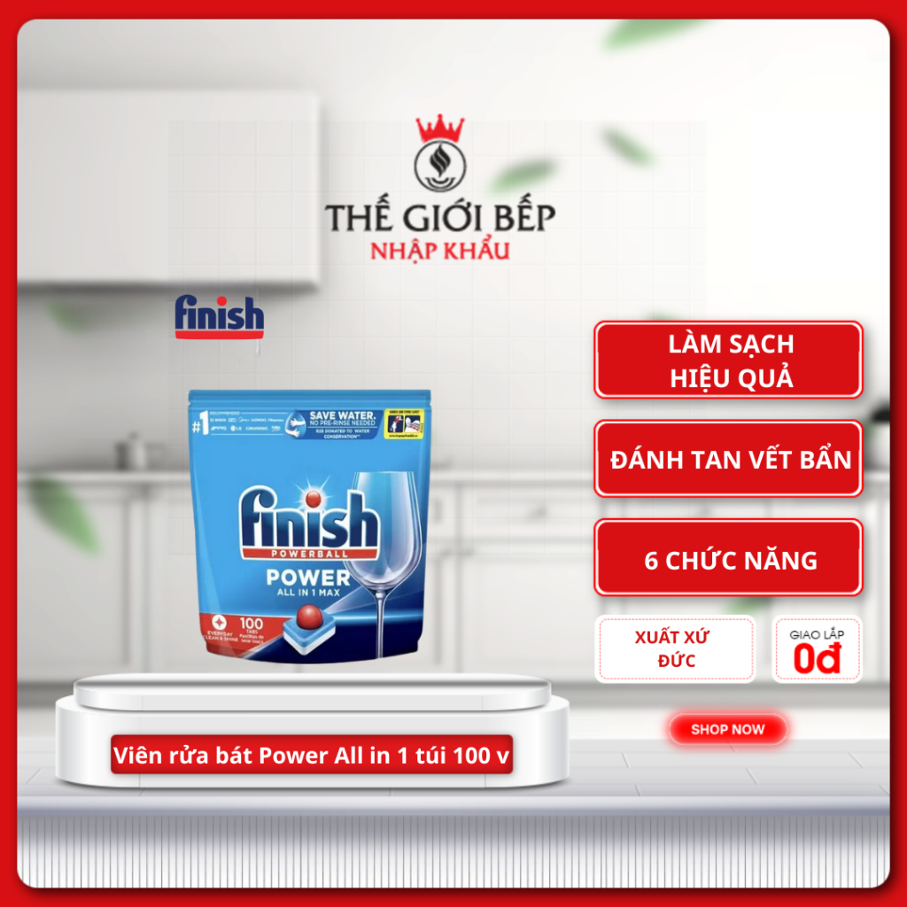 Viên rửa bát Finish Power All in 1 - Túi 100 viên Sạch bóng, tiện lợi